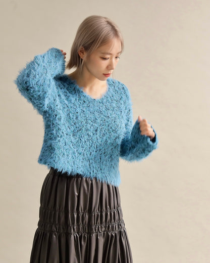 ふわシャギーVネックショートニット