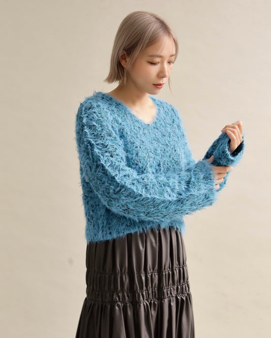 ふわシャギーVネックショートニット