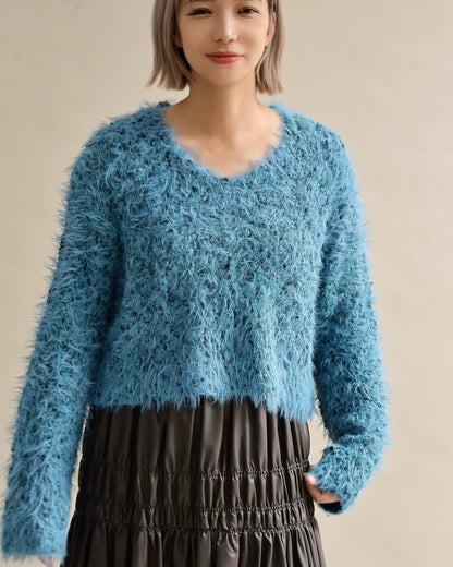 ふわシャギーVネックショートニット