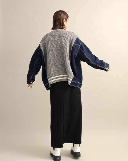 デニムスリーブ異素材ミックスケーブルニットカーディガン