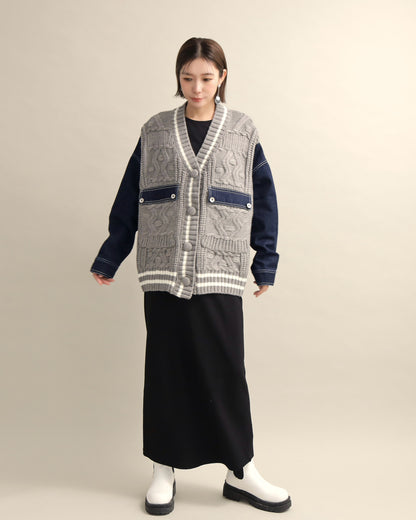 デニムスリーブ異素材ミックスケーブルニットカーディガン