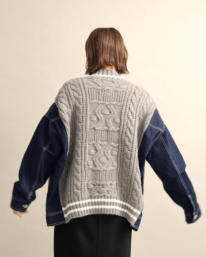 デニムスリーブ異素材ミックスケーブルニットカーディガン