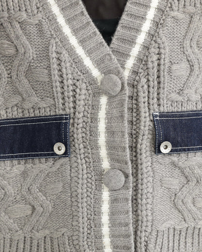 デニムスリーブ異素材ミックスケーブルニットカーディガン