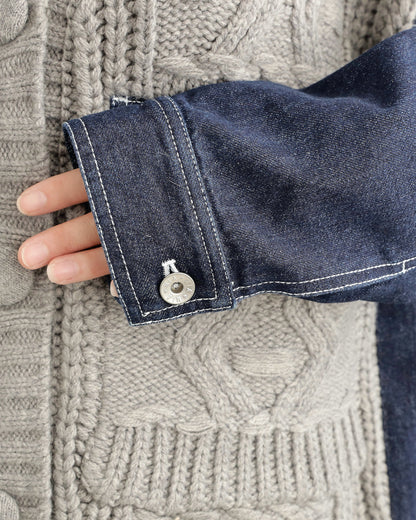 デニムスリーブ異素材ミックスケーブルニットカーディガン