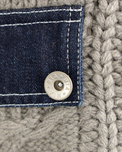 デニムスリーブ異素材ミックスケーブルニットカーディガン