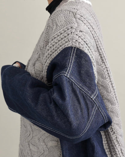 デニムスリーブ異素材ミックスケーブルニットカーディガン