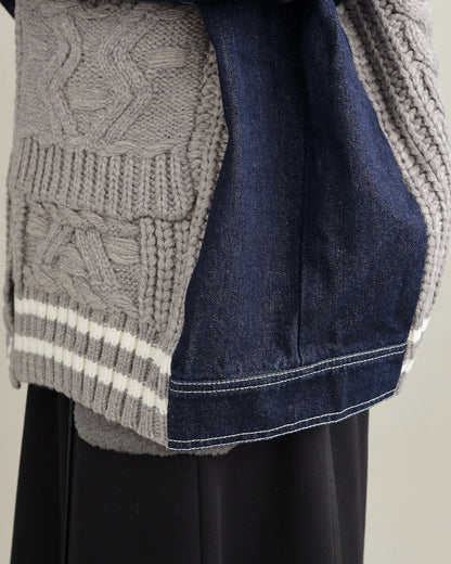 デニムスリーブ異素材ミックスケーブルニットカーディガン