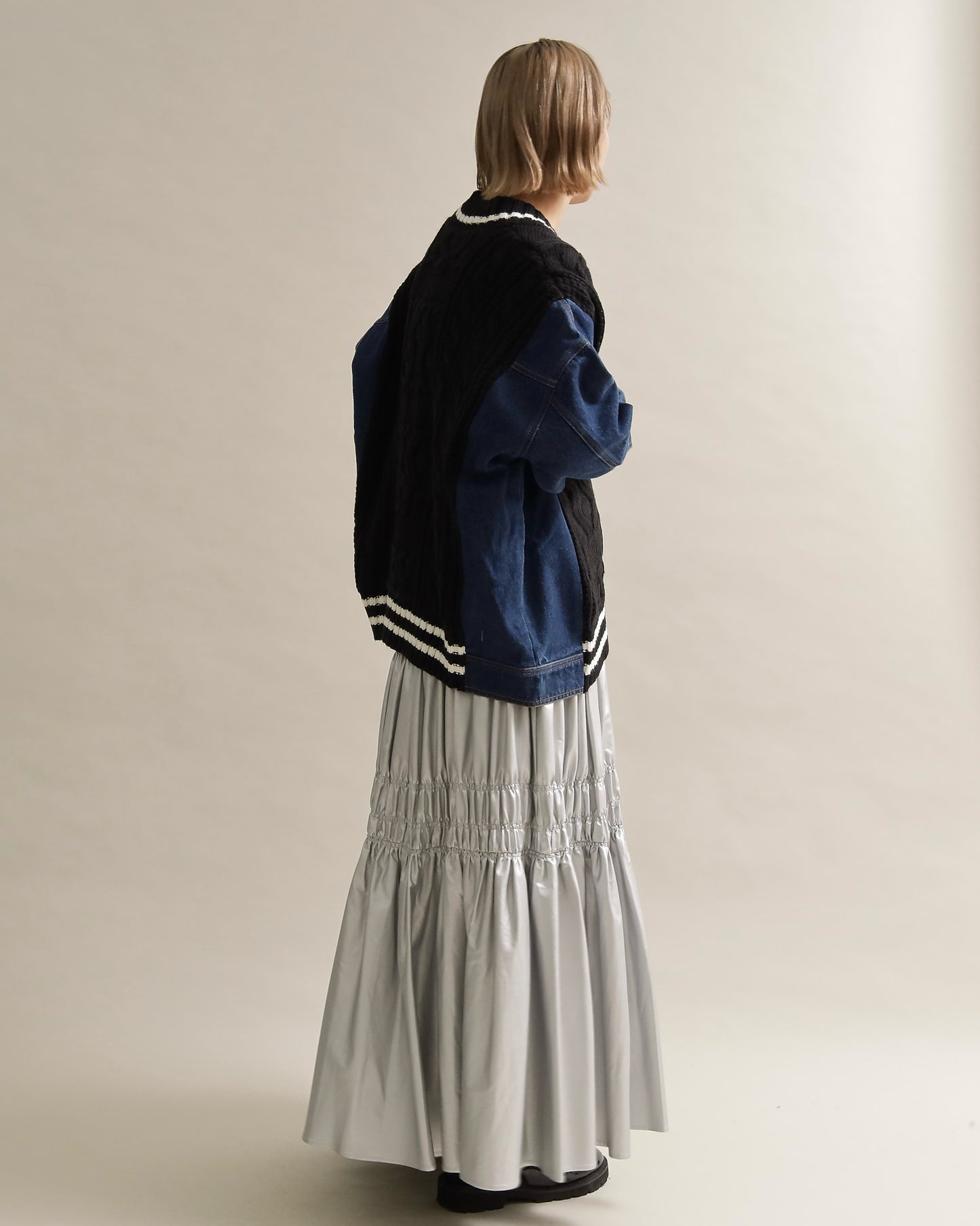 デニムスリーブ異素材ミックスケーブルニットカーディガン