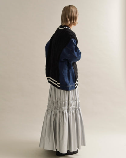 デニムスリーブ異素材ミックスケーブルニットカーディガン