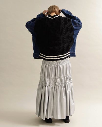 デニムスリーブ異素材ミックスケーブルニットカーディガン