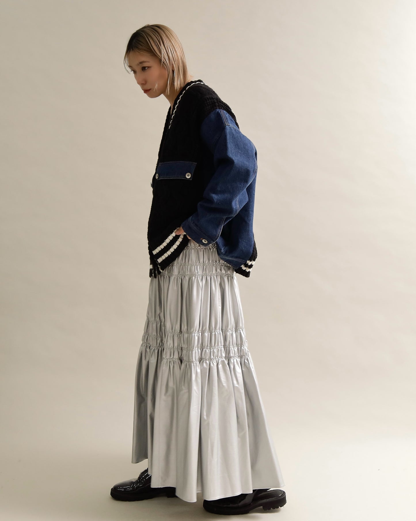 デニムスリーブ異素材ミックスケーブルニットカーディガン