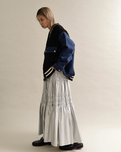 デニムスリーブ異素材ミックスケーブルニットカーディガン