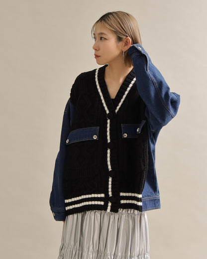 デニムスリーブ異素材ミックスケーブルニットカーディガン
