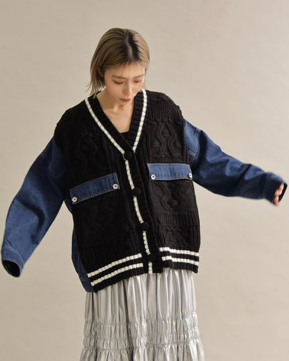 デニムスリーブ異素材ミックスケーブルニットカーディガン