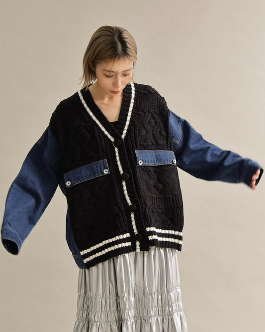 デニムスリーブ異素材ミックスケーブルニットカーディガン