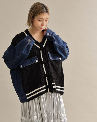 デニムスリーブ異素材ミックスケーブルニットカーディガン