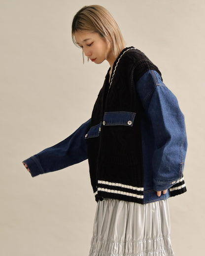 デニムスリーブ異素材ミックスケーブルニットカーディガン