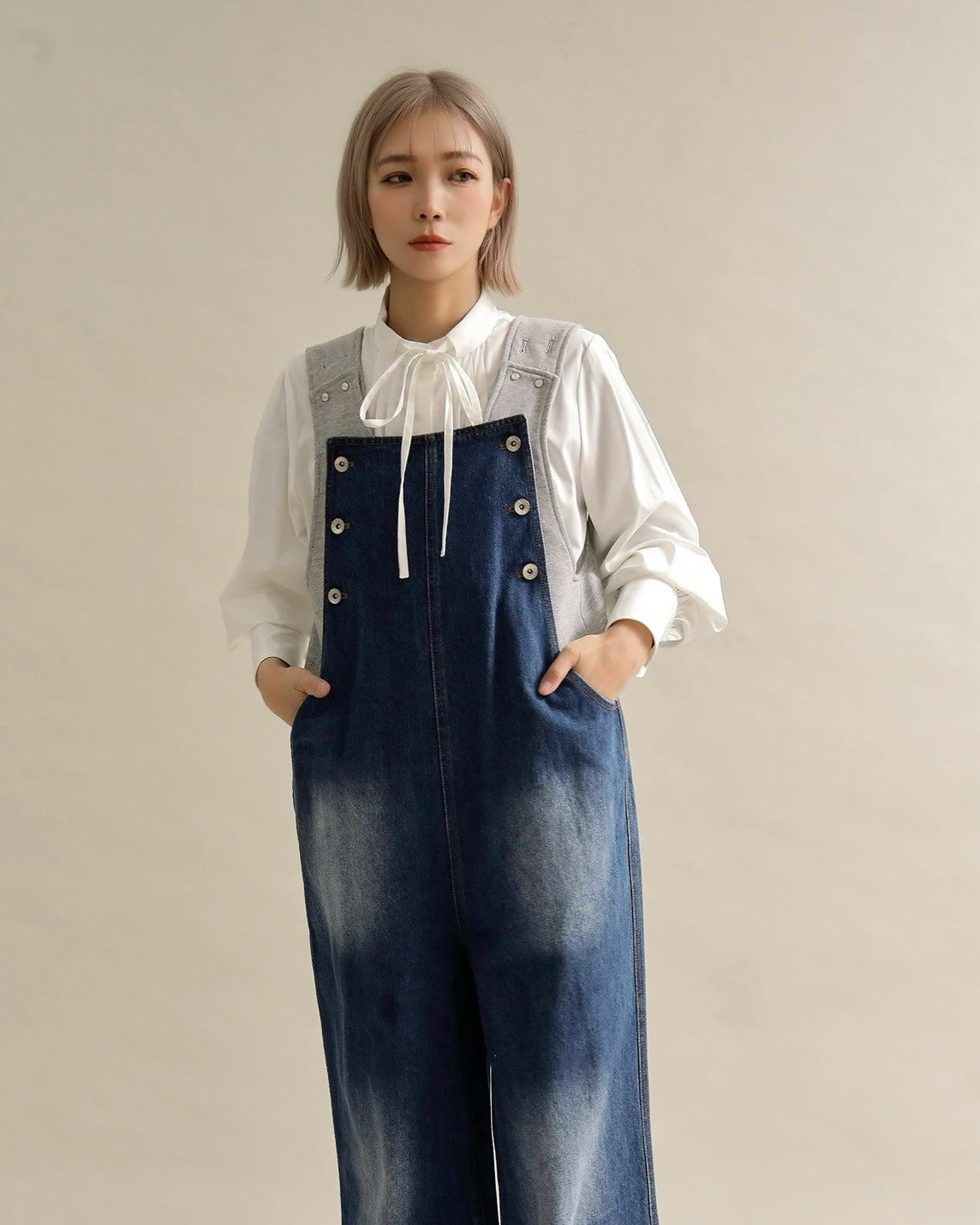 ヴィンテージウォッシュ デニムワイドサロペット