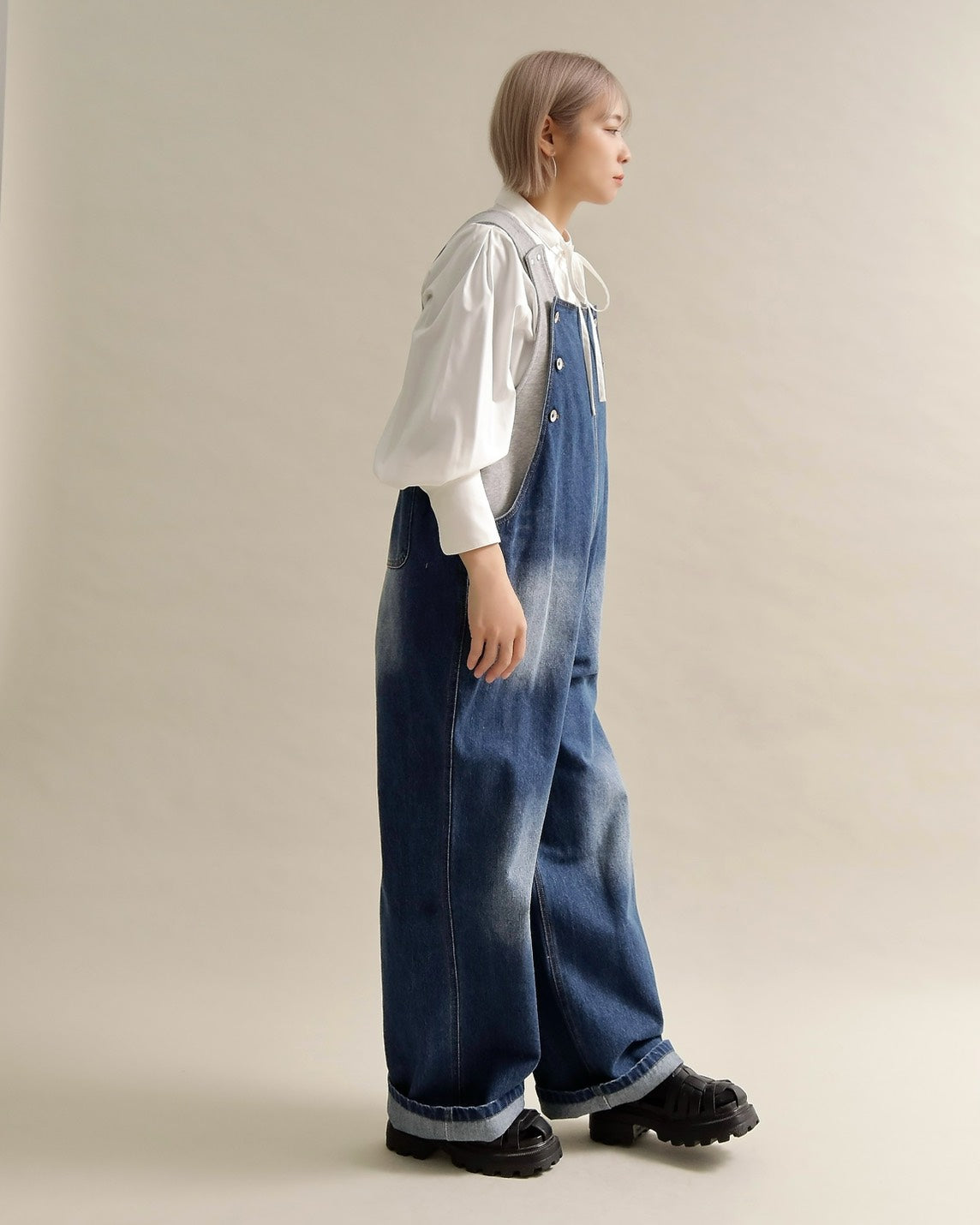 ヴィンテージウォッシュ デニムワイドサロペット
