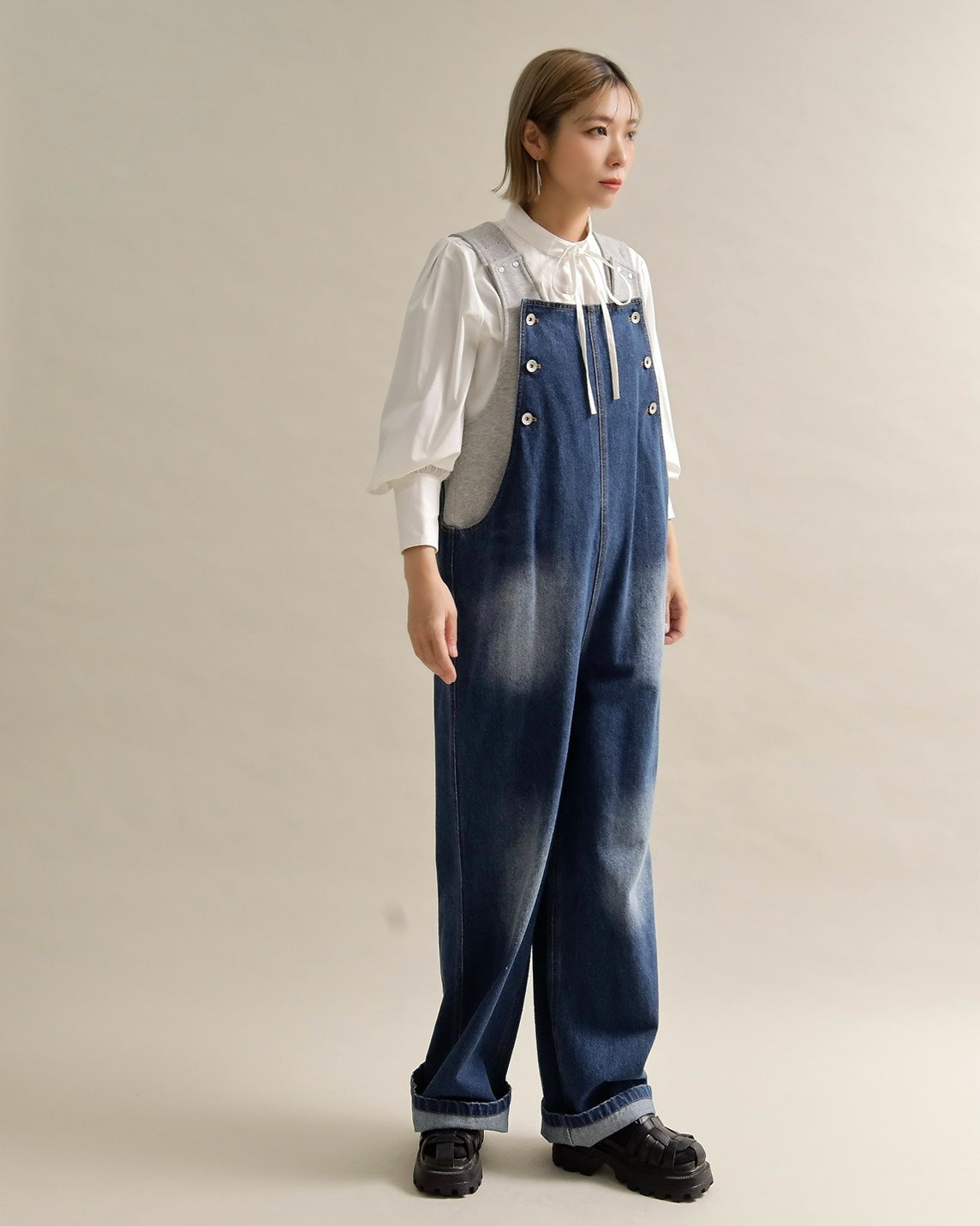 ヴィンテージウォッシュ デニムワイドサロペット