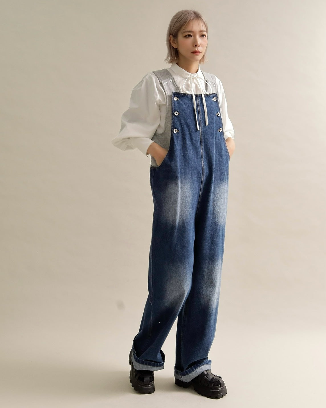 ヴィンテージウォッシュ デニムワイドサロペット