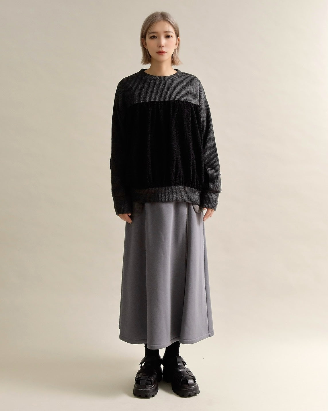 レース切り替えふんわりニットプルオーバー