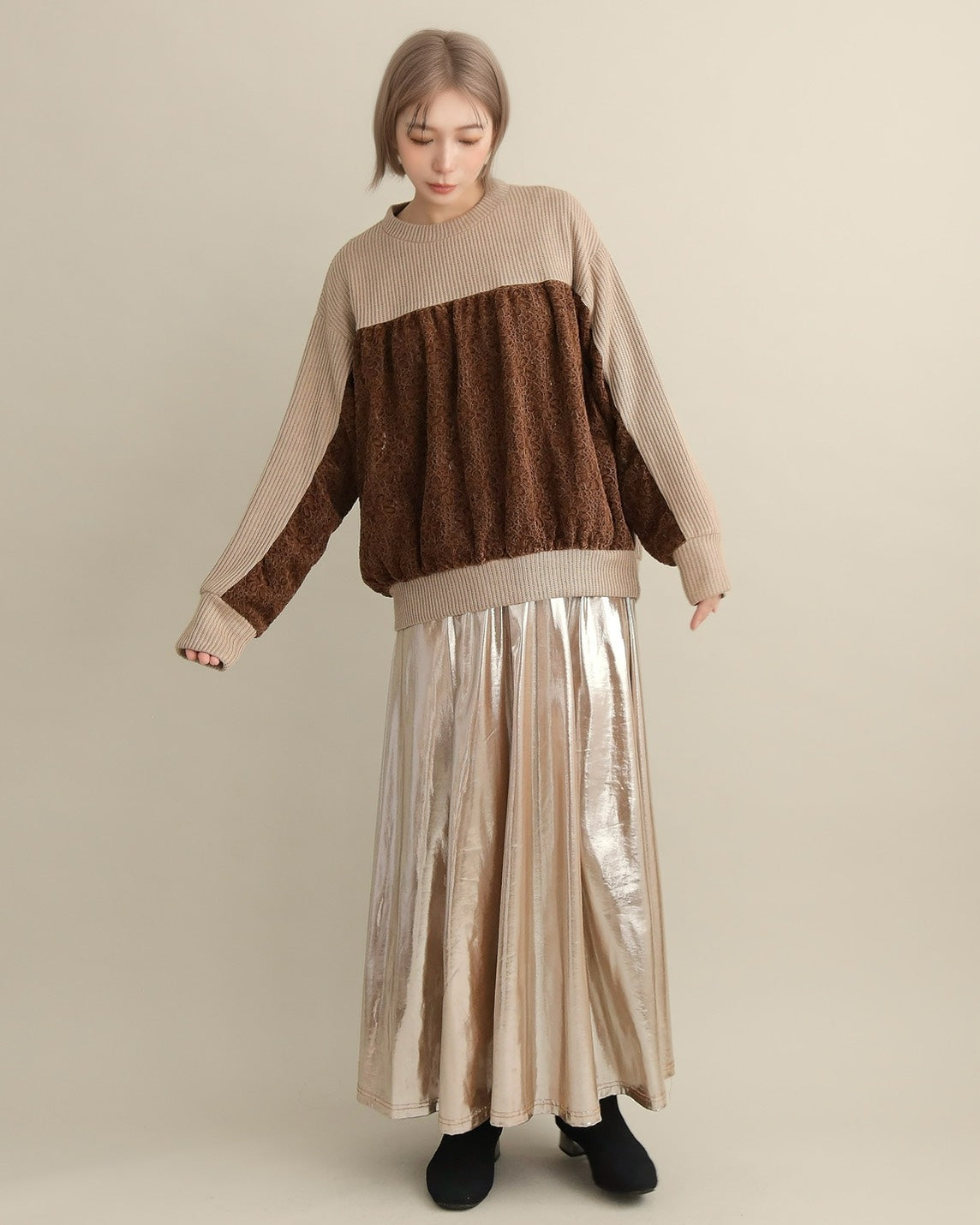 レース切り替えふんわりニットプルオーバー