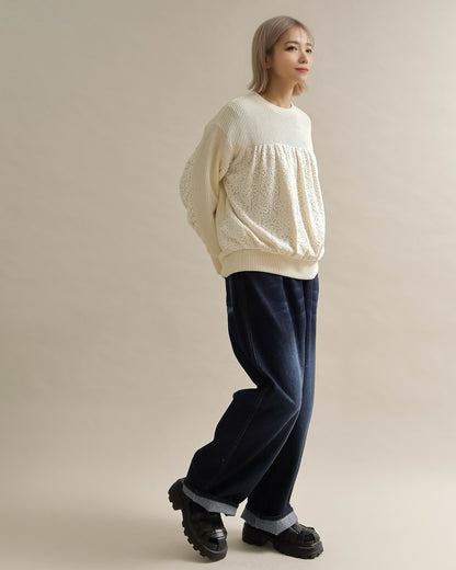 レース切り替えふんわりニットプルオーバー