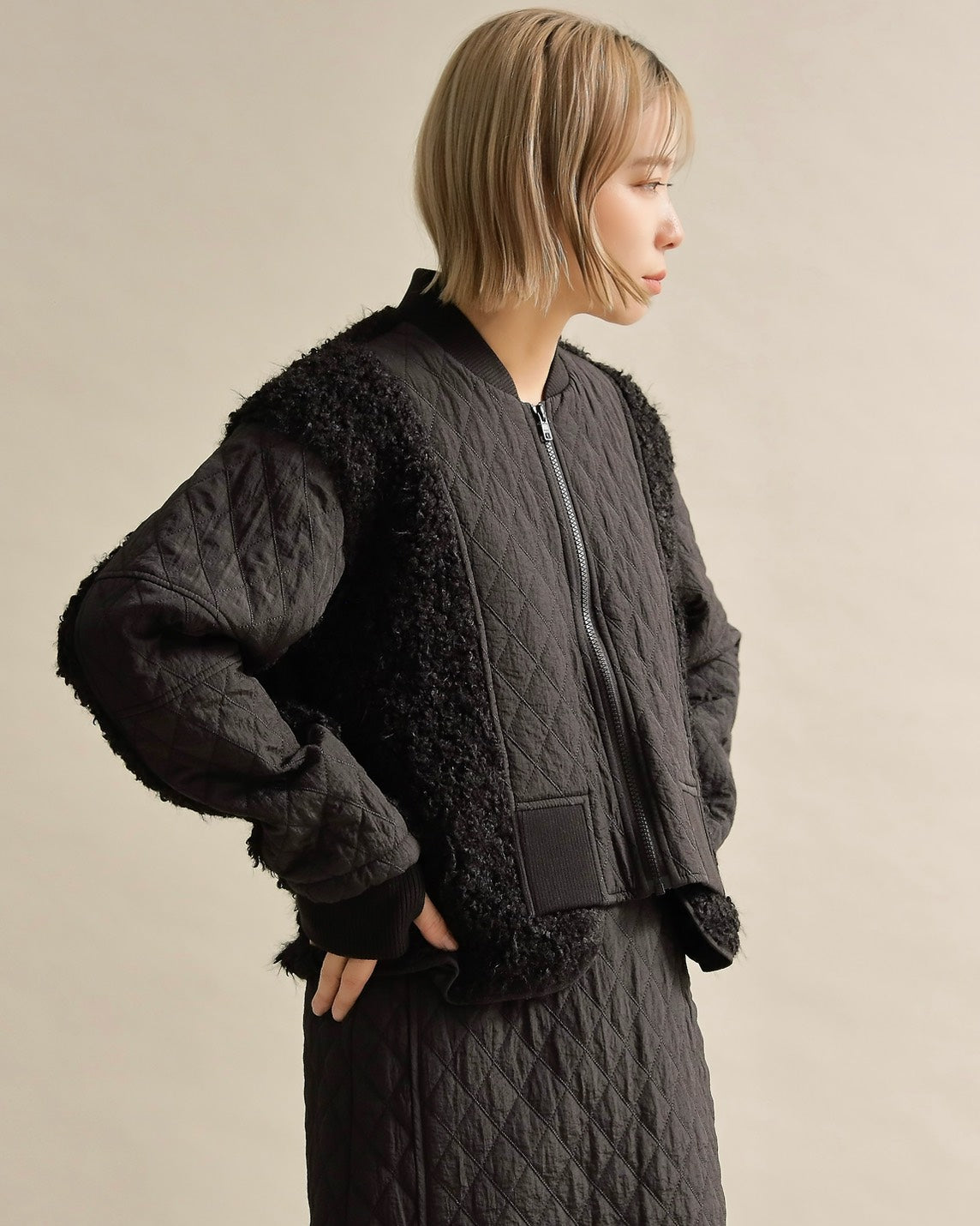 キルティング×ボアコンビネーションブルゾン