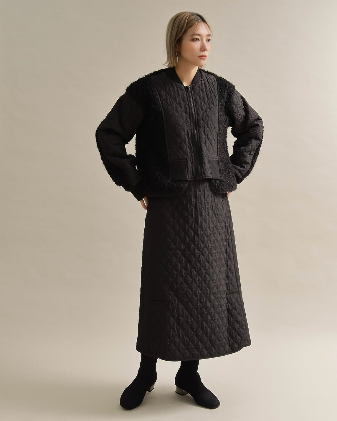 キルティング×ボアコンビネーションブルゾン