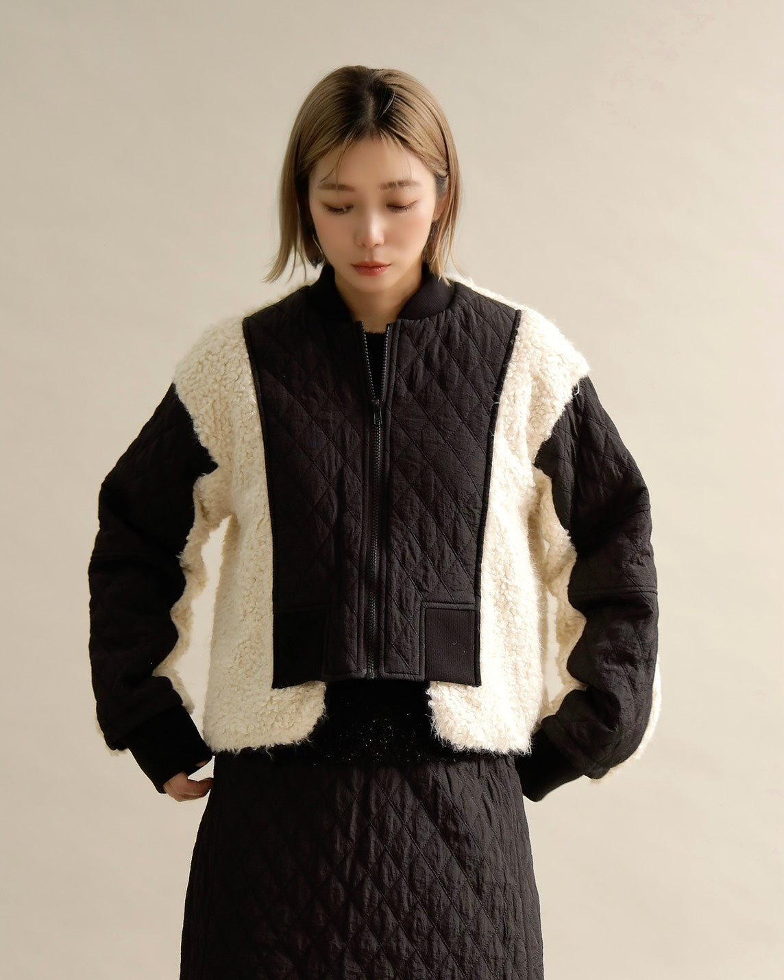 キルティング×ボアコンビネーションブルゾン