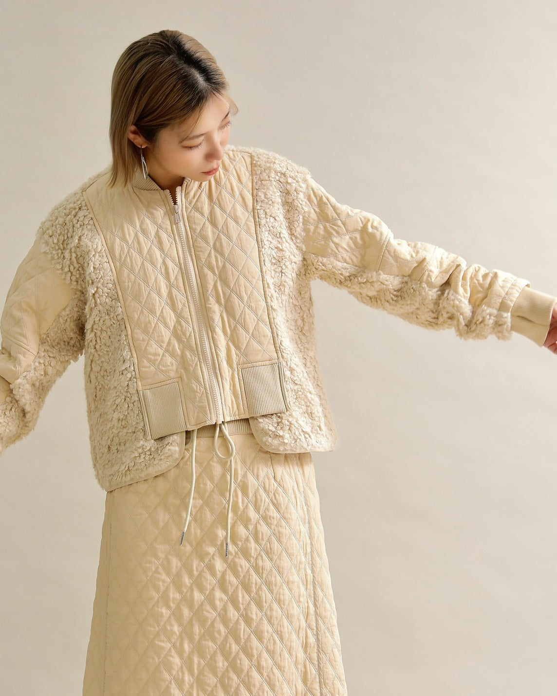 キルティング×ボアコンビネーションブルゾン