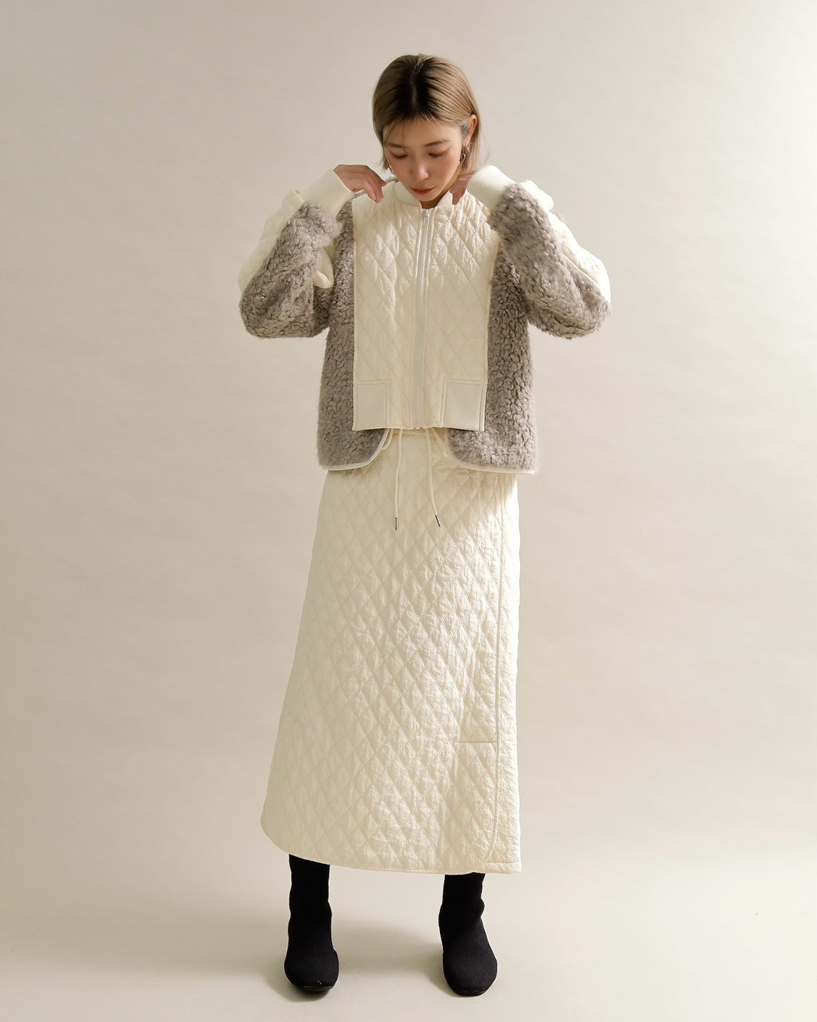 キルティング×ボアコンビネーションブルゾン