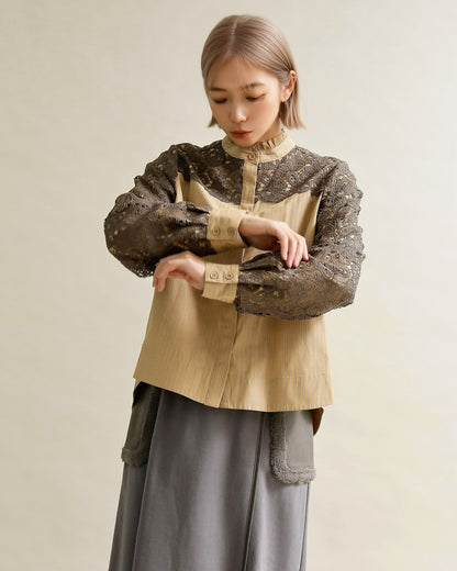 レースコンビ・スタンドカラーブラウス