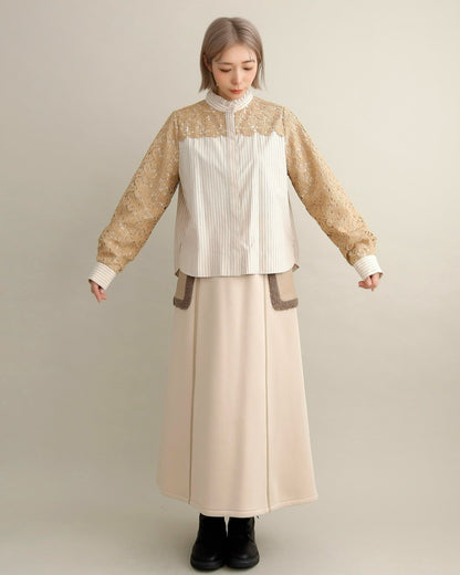 レースコンビ・スタンドカラーブラウス