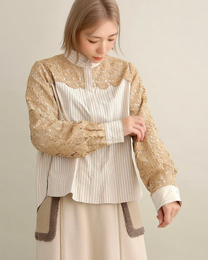 レースコンビ・スタンドカラーブラウス