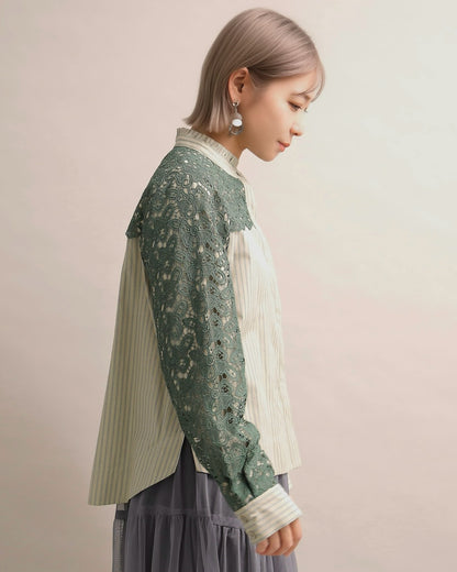 レースコンビ・スタンドカラーブラウス