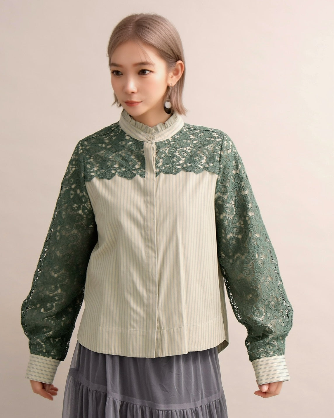 美品 MIYACO ミヤコ スタンドカラー レース ブラウス 黒 L