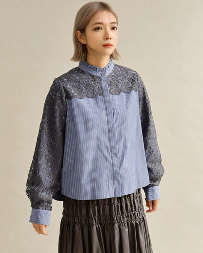 レースコンビ・スタンドカラーブラウス