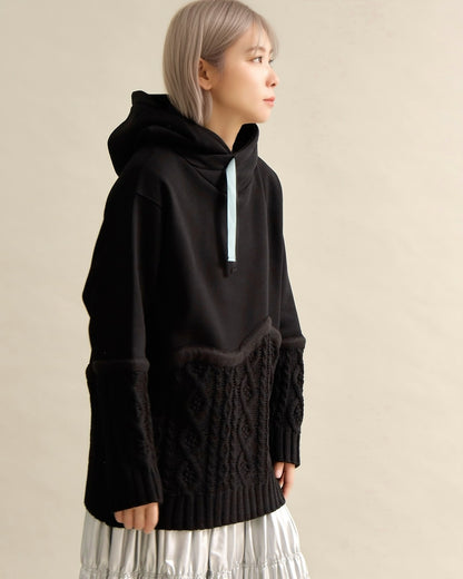 ケーブルニット切替フーディープルオーバー