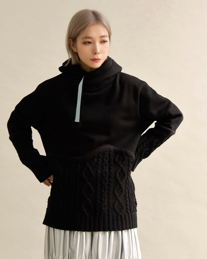 ケーブルニット切替フーディープルオーバー