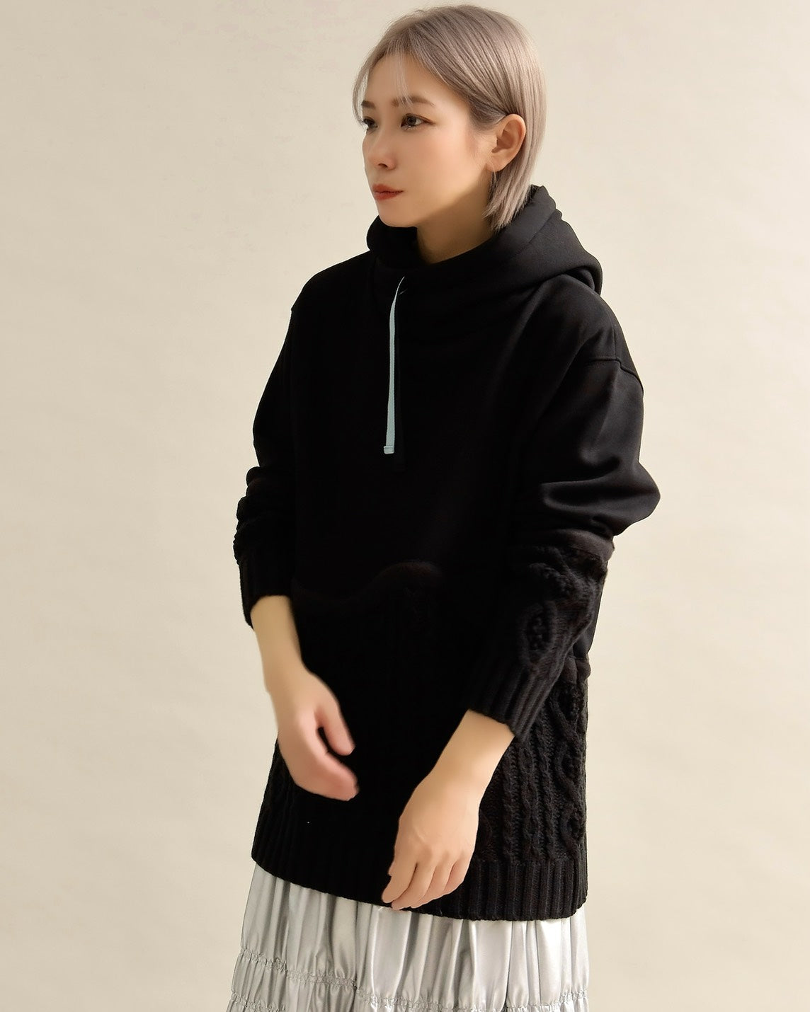 ケーブルニット切替フーディープルオーバー