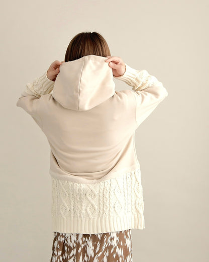 ケーブルニット切替フーディープルオーバー