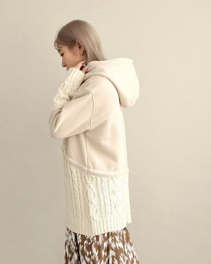 ケーブルニット切替フーディープルオーバー