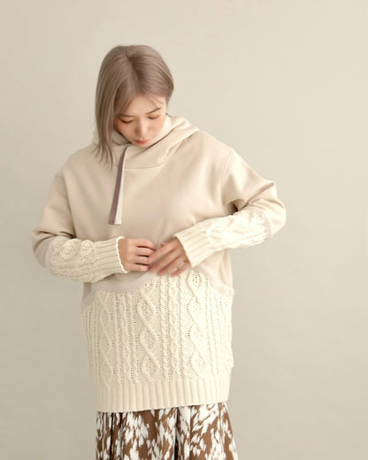 ケーブルニット切替フーディープルオーバー