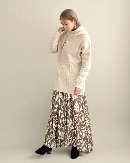 ケーブルニット切替フーディープルオーバー