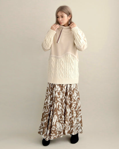 ケーブルニット切替フーディープルオーバー