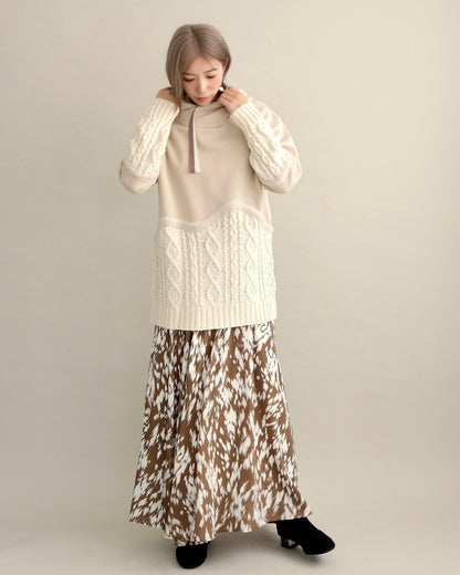 ケーブルニット切替フーディープルオーバー