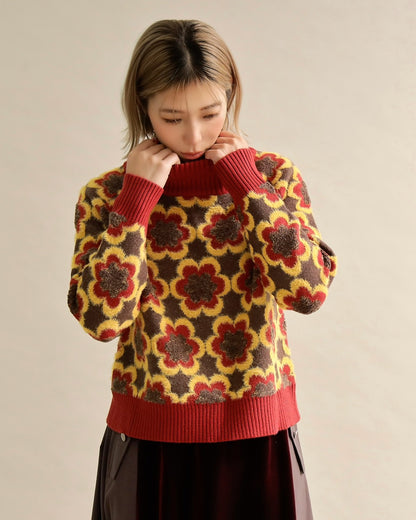 レトロフラワーハイネックニット