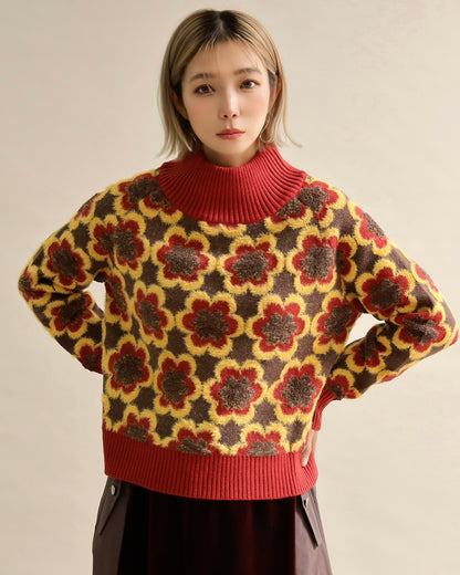 レトロフラワーハイネックニット
